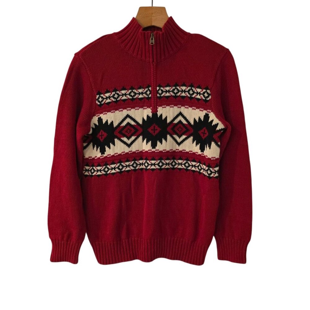 American Living Fair Isle Sweater Nordic Red 1/4 Zip Mock Neck Youth Large 14-16